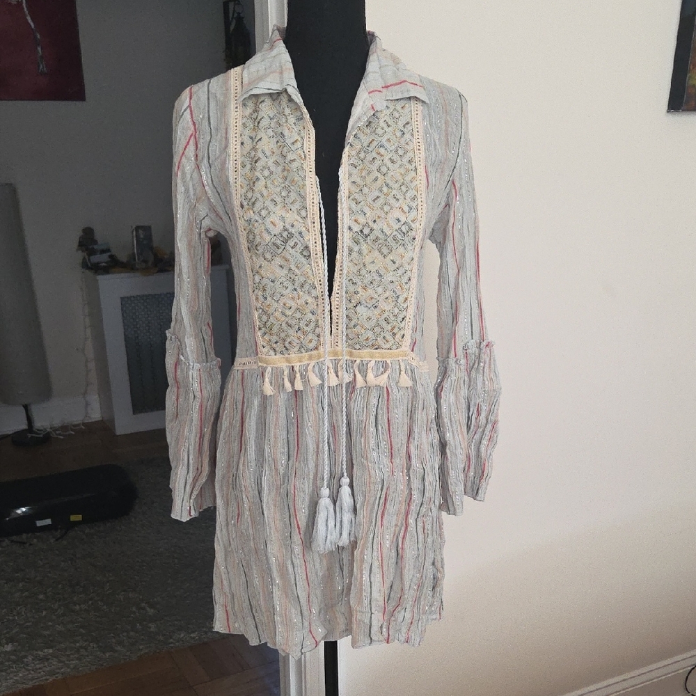 Striped Boho Tunic Cover-Up Dress with Tassels